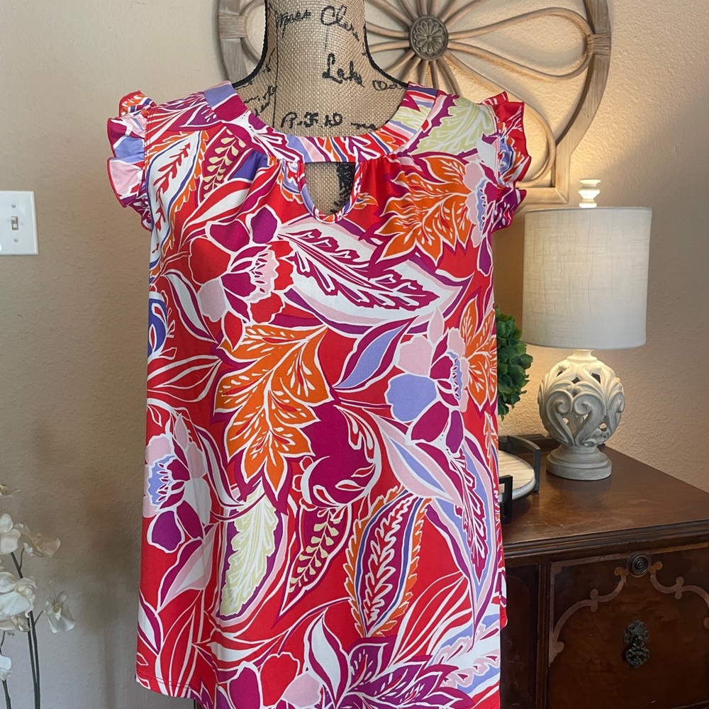 Red and Pink Floral Ruffled Flutter Sleeve Blouse